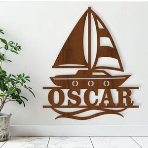 Segelboot Namensschild SVG Laser Schnitt Vorlage, Tür oder Wand Aufhänger, Vektor Datei ai, cdr, dxf pdf sofort Download