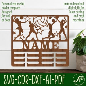 Volleyball female medal holder, SVG, sports themed door or wall hanger, Laser cut template, instant download Vector file Ai, Cdr, Dxf