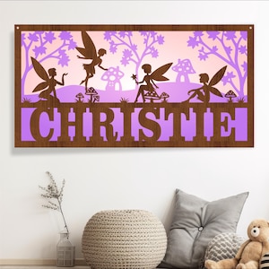 Signe de nom de couche de scène de fée 3 SVG, porte-affiche ou cintre de mur sur le thème de fées, modèle découpé au laser, fichier vectoriel de téléchargement immédiat Ai, Cdr, Dxf