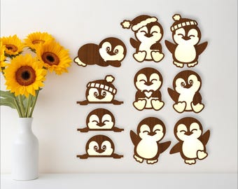 Cute Penguins laser cut file shapes. 10 two layer vector files SVG, ai, cdr, dxf and Pdf instant download layered shape cut outs