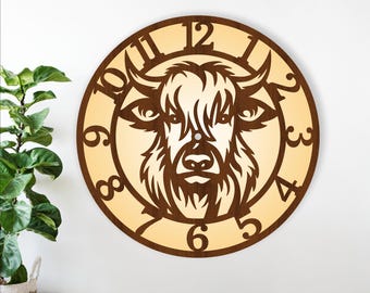 Highland cow wall clock laser cut files farm theme clock SVG (Digital Download)