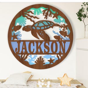 Placa de nome de tartaruga, SVG, decoração de berçário com tema de oceano, modelo de corte a laser, download instantâneo de arquivo vetorial Ai, Cdr, Dxf