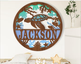 Turtle Name Sign: Ocean Nursery Decor, Laser Cut Template (Digital Download)