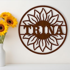 Sonnenblume Namensschild, SVG, Tür- oder Wandhänger mit Blumenmotiven, Laser geschnittene Vorlage, sofortiger Download Vektordatei Ai, Cdr, Dxf
