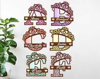 Princess Crown Monogram Name Sign: 3-Layer Laser Cut Princess letter (Digital Download)