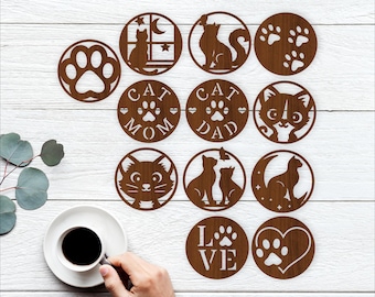 Cats Coaster SVG Bundle -12 Pet Lover Laser Cut Coasters - Cat Mom (digital download)