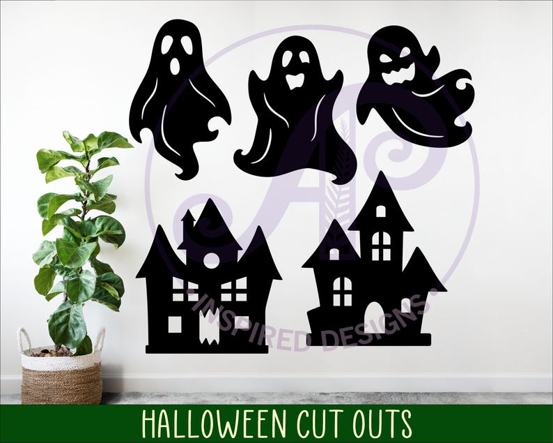 Puede incluir: Recortes de Halloween negros de fantasmas y casas embrujadas. Tres formas de fantasmas con diferentes expresiones est&aacute;n encima de dos siluetas de casas embrujadas. El texto "HALLOWEEN CUT OUTS" est&aacute; en la parte inferior en una pancarta verde.