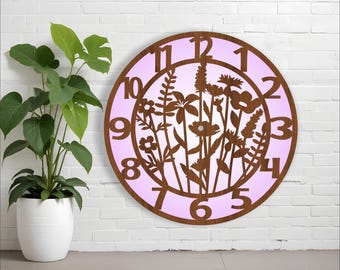Wild flower wall clock laser cut files, SVG file. vector file ai, cdr, dxf instant download digital design, cut file template