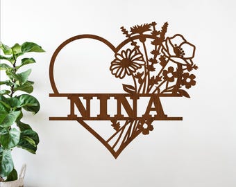 Floral Heart Name Sign SVG, Flower Laser Cut Template (Digital Download)
