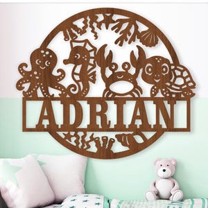 Schattige zeedieren naambordje, SVG, deur- of muurhanger dier thema, lasergesneden sjabloon, instant download vectorbestand Ai, Cdr, Dxf