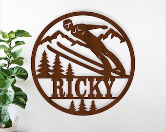 Personalized Ski Jumper Name Sign SVG, Male Skier Wall Art Laser cut (Digital Download)