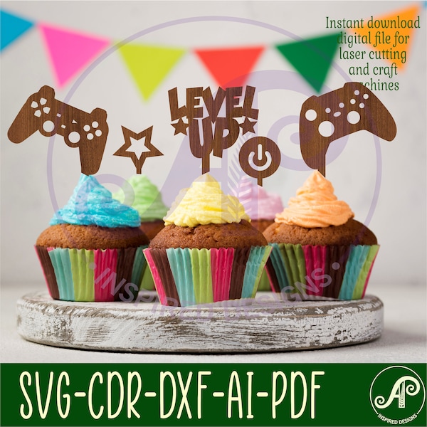 Gamer cupcake toppers, 6 designs  SVG laser cut, instant download Pdf, Dxf, Ai and Cdr template.