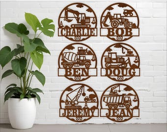 Construction Vehicle Name Sign SVG: Nursery Decor Laser Cut Template (Digital Download)