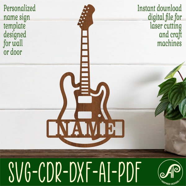 Guitarra Eléctrica nombre signo SVG plantilla de corte láser, colgador de puerta o pared, archivo vectorial ai, cdr, dxf pdf descarga instantánea