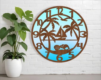 Beach scene wall clock laser cut files, SVG file. vector file ai, cdr, dxf instant download digital design, cut file template