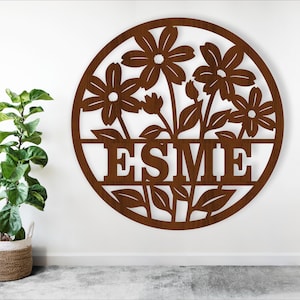 Floral name sign, SVG, flower themed door or wall hanger, Laser cut template, instant download Vector file Ai, Cdr, Dxf
