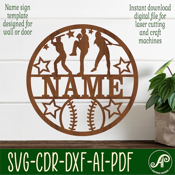 Baseball female name sign, SVG, sports themed door or wall hanger, Laser cut template, instant download Vector file Ai, Cdr, Dxf