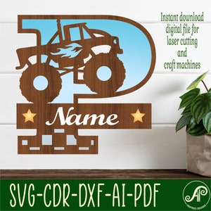 Monster truck monogram letter name signs. 3 layers SVG laser cut file, door or wall hanger, vector file  ai, cdr, dxf pdf instant file
