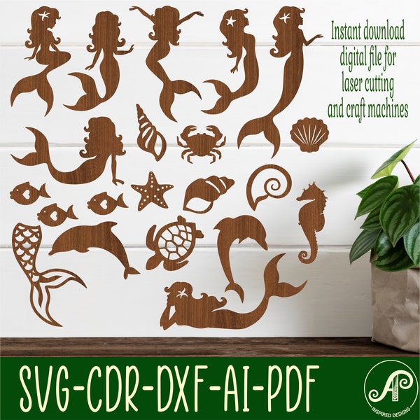 Mermaid designs, 15 laser cut shapes vector SVG files , ai, cdr, dxf instant download