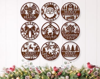 Weihnachtliches Wandschild-Set. 9 lasergeschnittene Weihnachtsschilder (SVG-Datei) – digitale, festliche Schneidevorlagen