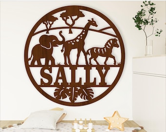 Safari Animals Name Sign Laser Cut SVG - Wild animal kids room decor (Digital Download)