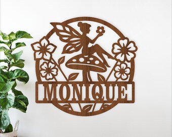 Woodland Fairy Name Sign SVG, Mushroom Fairies laser cut personalized sign (digital download)
