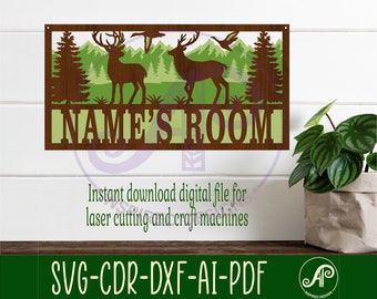 Outdoors scene 3 layer name sign SVG, hunting décor themed wall art, Laser cut template, instant download Vector file Ai, Cdr, Dxf