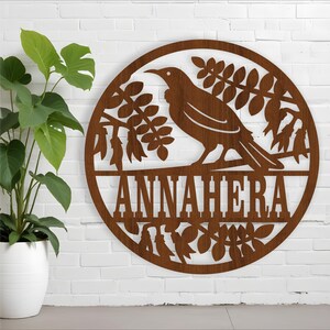Letrero con el nombre del pájaro Tui de Nueva Zelanda, SVG, colgador de pared o puerta con temática kiwiana, plantilla cortada con láser, descarga instantánea, archivo vectorial Ai, Cdr, Dxf