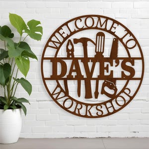 Workshop bem-vindo ao nome da placa, SVG, consertando porta temática ou cabide de parede, modelo cortado a laser, download instantâneo Arquivo vetorial Ai, Cdr, Dxf