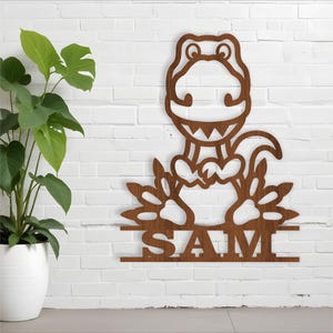 Cute Dino Name sign SVG laser cut template, door or wall hanger, vector file ai, cdr, dxf pdf instant download. Sitting T Rex