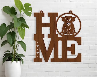 HOME Highland Cow Wall Sign SVG | Farmhouse laser cut Wall Art (Digital Download)