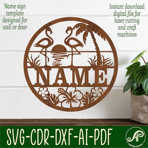 Flamingo name sign, SVG, bird themed door or wall hanger, Laser cut template, instant download Vector file Ai, Cdr, Dxf