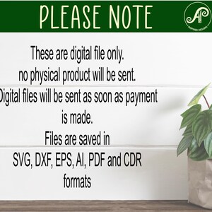 May include: A white sign with green text that reads "PLEASE NOTE" and a list of information about digital files. The sign is on a white wood background with a potted plant to the right.