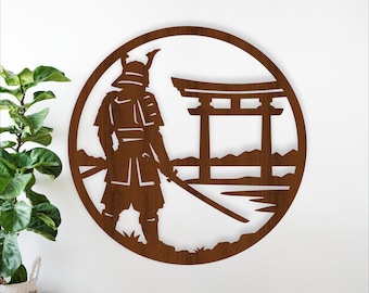 Samurai Wall Art SVG, Japanese Warrior Laser Cut, Torii Gate Decor Sign (digital download)