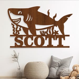 Signo de nombre de tiburón SVG plantilla de corte láser, colgador de puerta o pared, svg, ai, cdr, dxf pdf descarga instantánea, signo de nombre del océano