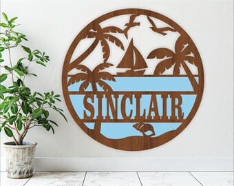 Beach Sailing Boat Name Sign: Laser Cut Wall Art Template (Digital Download)