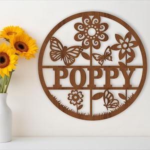 Blumen und Schmetterling Namensschild, SVG, Tür- oder Wandhänger mit dem Thema Natur, Laser geschnittene Vorlage, sofortiger Download Vektordatei Ai, Cdr, Dxf
