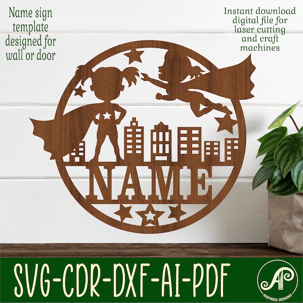 Hero Girl name sign, SVG, hero themed door or wall hanger, Laser cut template, instant download Vector file Ai, Cdr, Dxf