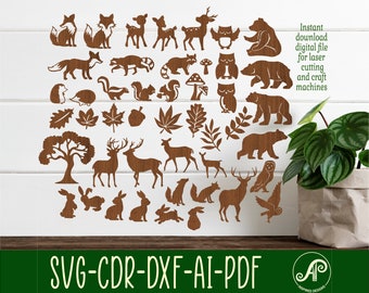 Woodland animals SVG bundle. 38 designs, Vector files, laser cut file, shapes. Ai, Cdr, Dxf instant download digital file