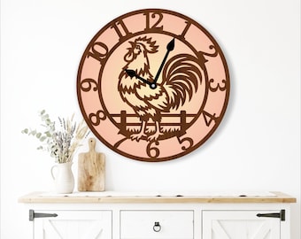 SVG-Bundle mit Hahn-Wanduhr, Vorlagen für Landhausuhren zum Laserschneiden. Glowforge