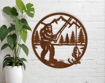 Bigfoot Fishing  Wall sign SVG - Sasquatch fish Laser Cut | Cabin Decor (Digital download)