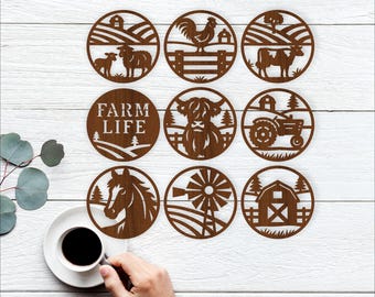 Farm Scene Coaster Set SVG Bundle | Farming theme Laser Cut circle Files (digital download)