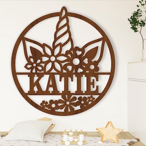 Placa de nome de chifre de unicórnio, SVG, porta temática de fantasia ou cabide de parede, modelo de corte a laser, download instantâneo Arquivo vetorial Ai, Cdr, Dxf