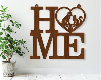 Home with Cat and Dog Wall Art: Laser Cut SVG File (Digital Download)