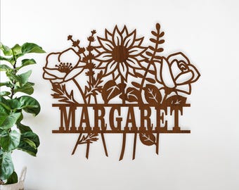 Floral Name Sign SVG Laser Cut Template, Flower Bouquet Wall Art (Digital Download)