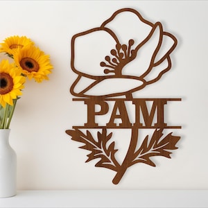 Nom en forme de coquelicot, modèle découpé au laser SVG, suspension de porte ou de mur, fichier vectoriel ai, cdr, téléchargement immédiat dxf pdf
