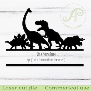 May include: Black silhouette of four dinosaurs, including a stegosaurus, a brachiosaurus, a tyrannosaurus rex, and a triceratops. The dinosaurs are arranged in a row, with the stegosaurus on the left and the triceratops on the right. The text "Link name here (pdf with instructions included)" is below the dinosaurs.