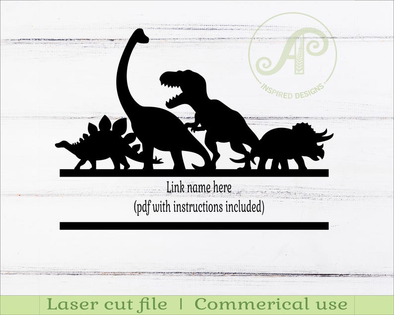 May include: Black silhouette of four dinosaurs, including a stegosaurus, a brachiosaurus, a tyrannosaurus rex, and a triceratops. The dinosaurs are arranged in a row, with the stegosaurus on the left and the triceratops on the right. The text "Link name here (pdf with instructions included)" is below the dinosaurs.