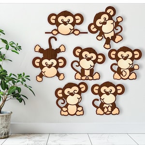 Monkey laser cut file shapes. 7 two layer vector files SVG, ai, cdr, dxf and Pdf instant download layered shape cut outs