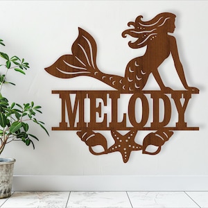 Plantilla de corte láser SVG con letrero con nombre de sirena con conchas, colgador de puerta o pared, archivo vectorial ai, cdr, dxf, pdf, descarga instantánea